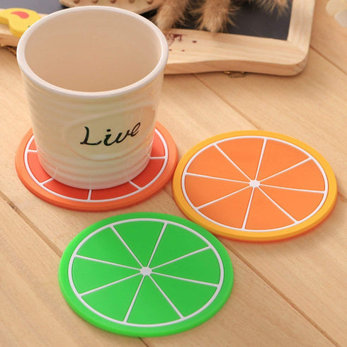 7 Pieces Fruit Slices Silicone Coasters Non-Slip 240? Heat Resistant Hot Insulation Pads 3.5" Jelly Cartoon Unique Cup Mats Drink Placemats for Dr...