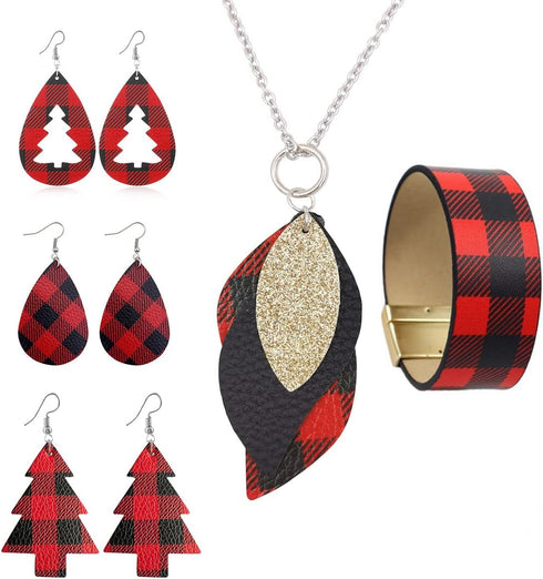 Buffalo Plaid Leather Earrings Necklace Bracelet Set, Classic Plaid Pattern Christmas Jewelry Set for Women...