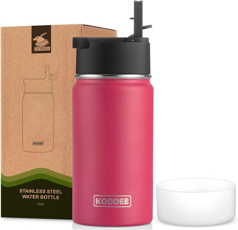 koodee 12 oz Water Bottle with Straw- Stainless Steel Double Wall Vacuum Insulated Wide Mouth Flask with Straw Lid, Sports Metal Water Bottle for ...