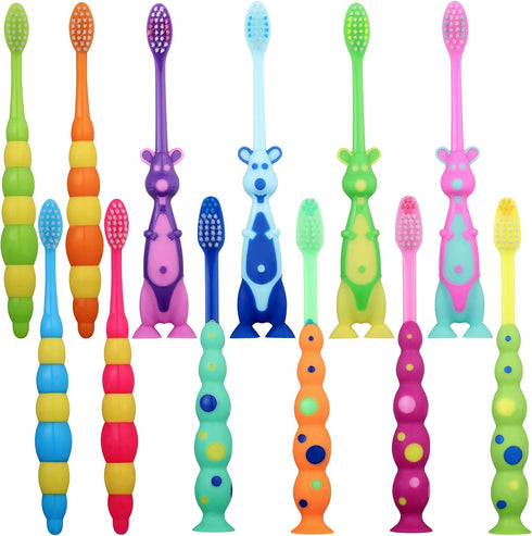 12 Pieces Toddler Toothbrush Bulk Kids Toothbrush Pack Manual Baby Toothbrushes with Covers Suction Cup Toothbrush Lovely Soft Bristle Animal Toot...