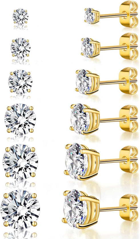 18K Yellow Gold Plated Stud Earrings 4 Prong Brilliant Round Cut 3-8MM Cubic Zirconia Earring Studs (6 Pairs)...