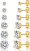 18K Yellow Gold Plated Stud Earrings 4 Prong Brilliant Round Cut 3-8MM Cubic Zirconia Earring Studs (6 Pairs)...