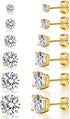 18K Yellow Gold Plated Stud Earrings 4 Prong Brilliant Round Cut 3-8MM Cubic Zirconia Earring Studs (6 Pairs)...