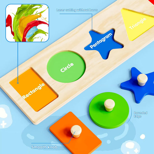 First Jumbo Knob Wooden Shape Puzzles for Toddlers 1-3, Peg Shapes Puzzle Sorter Board for Baby Kids,Montessori Preschool Learning Toys,1 Year Old...