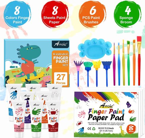 27PCS Kids Washable Finger Paint Set, Non Toxic Finger Paints 8 Colors, Finger Paint Paper, Brushes, Sponges, Art Painting Supplies for Toddlers,F...