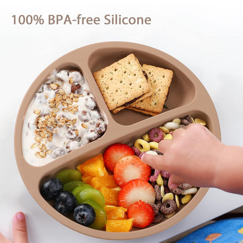 VITEVER Suction Plate with Lid for Toddler, Baby & Kid, 100% Food-Grade Silicone, Divided Design, Microwave & Dishwasher Safe - Natural...