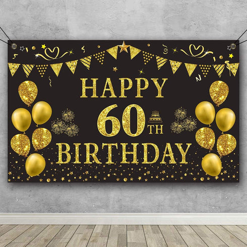 Trgowaul 60th Birthday Backdrop Gold and Black 5.9 X 3.6 Fts Happy Birthday Party Decorations Banner for Women Men Photography Supplies Background...