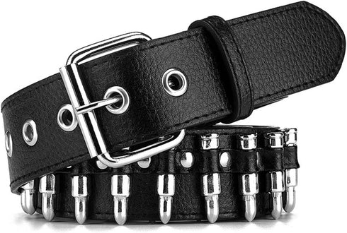 Bullet Studded Belt, Punk Rivet Belt Black Leather Rock Belt with Silver Bullet for Women Men...
