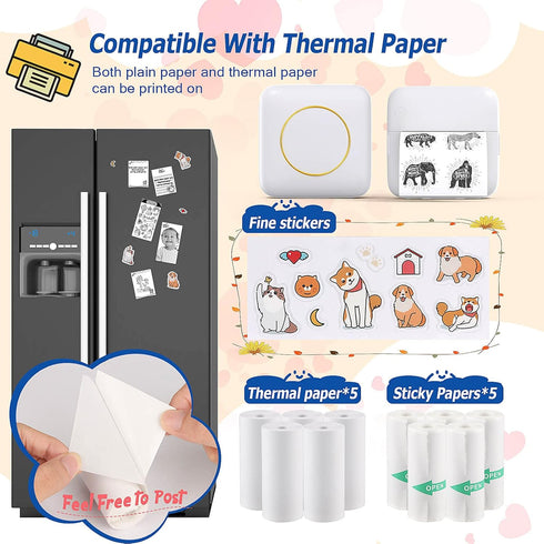QYCHHJ Mini Printer Portable, Inkless Photo Printer Bluetooth Thermal Sticker Maker Machine with 10 Rolls Paper for Smartphone, iPhone Label Print...