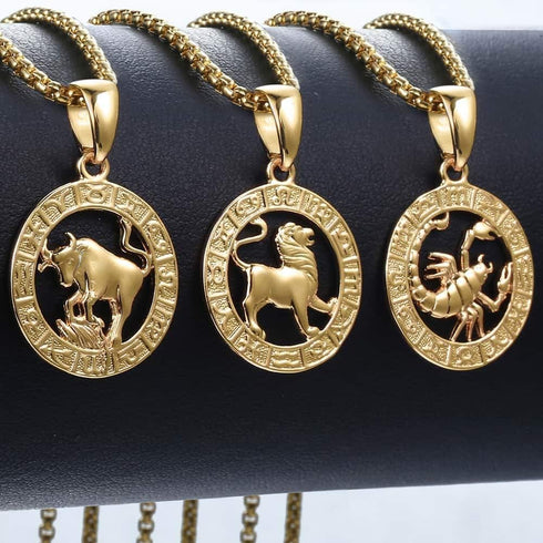 Gold Plated Zodiac Sign Pendant necklace for Women Men Leo AriesConstellation Horoscope Pendant Stainless Steel Box link Chain 22inch...