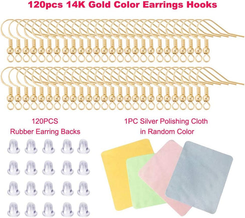Earring Hooks for Jewelry Making - 120 pcs/60 Pairs Hypoallergenic 14K Gold Ear Wires Fish Hooks for Jewelry Making, Jewelry findings Parts with 1...