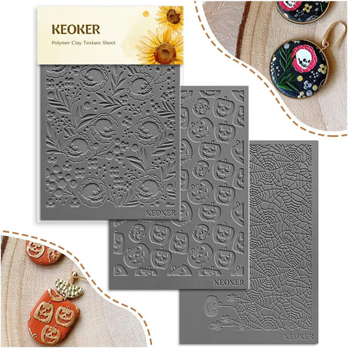 Keoker Polymer Clay Texture Sheets Halloween, Halloween Clay Texture Mat for Making Earrings Jewerly, Halloween Polymer Clay Earrings Tools (No. 1...