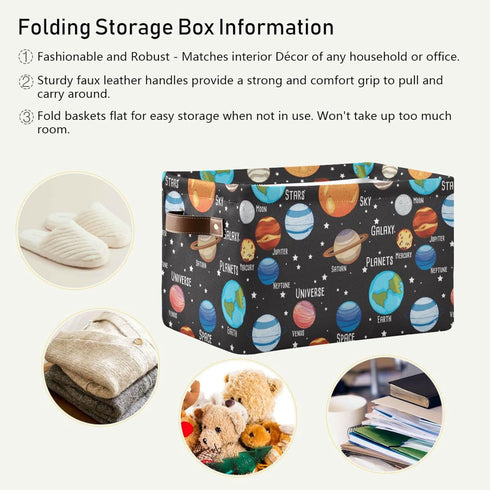 Solar System Storage Basket Collapsible Rectangle Storage Bin Shelves Basket Organizer with Leather Handle for Closet, Office, Nursery, Home Decor...