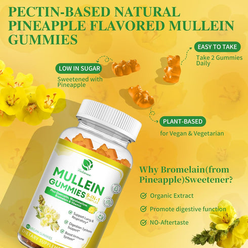 (2 Pack) 9 in 1 Mullein Gummies for Lung Cleanse, Extra Strength 10000MG(10:1 Extract) Mullein Leaf Extract w/Quercetin, Bromelain, Elderberry & M...