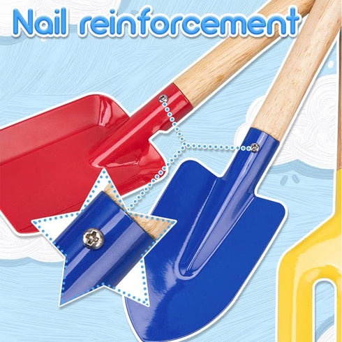 6 Piece Kids Beach Tools,Children Beach Sand Toys, Made of Metal with Sturdy Wooden Handle,Safe Beach Gardening Set,Spoon, Fork, Trowel, Rake & Sh...