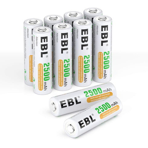 EBL 10 Counts AA Batteries 2500mAh 1.2V High Performance Precharged Ni-MH AA Rechargeable Batteries...