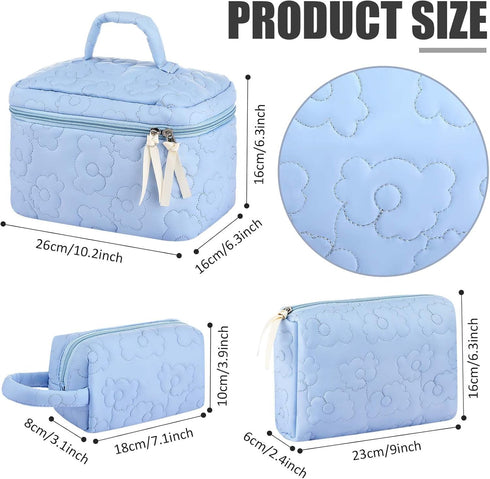 3 Pieces Cotton Quilted Makeup Bag Set Coquette Cosmetic Bag Aesthetic Travel Toiletry Bags Cute Pouch Kawaii Aesthetic for Women (Blue Flower)...