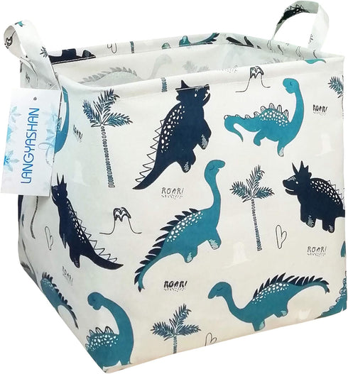 LANGYASHAN Square Storage Baskets Waterproof Canvas Children Laundry Nursery Hamper for Shelves Gift Baskets Toy Organizer Room Decor (Square Dino...