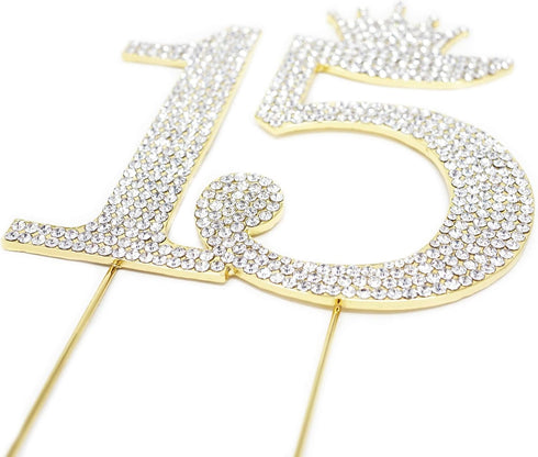 Number 15 Quinceanera Rhinestone Princess Crown Monogram Cake Topper - Sweet 15th Birthday Party (Gold)...