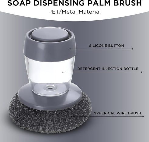 Stainless Steel Scrubber with Soap Dispensing Handle, Heavy Duty Pot Scrubber, Palm Brush with Replaceable Steel Wool Scouring Pad Used for Dishes...