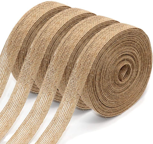 4 Rolls of Natural Burlap Fabric with Burlap Ribbon for Christmas Tree Gift Wrapping Wedding Event Party Home Bows Crafts Decoration, 11 Yards Lon...