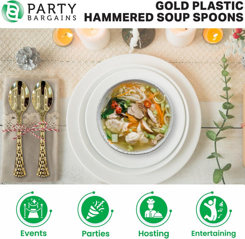 Party Bargains Disposable Hammered Cutlery Soup Spoons, 40 Count, Gold, Heavy Duty Plastic Flatware Cutlery Utensils, Excellent for Weddings, Birt...