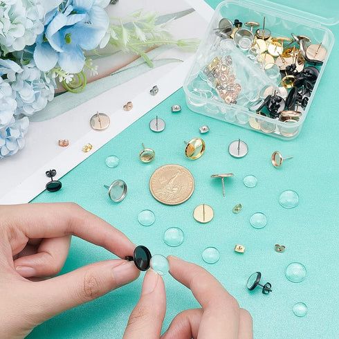 UNICRAFTALE 48 Sets 4 Colors 8/10/12mm Hypoallergenic Earring Bezel with Cabochons Stainless Steel Stud Earring with Earring Backs Earring Bezel T...