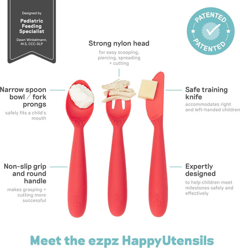 ezpz Happy Utensils - 24 Months+ (Coral) - BPA Free Toddler Utensils - Fork, Spoon and Knife for Toddlers and Preschoolers - Kids Utensils for Sel...