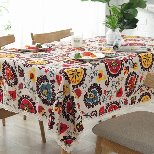 Aothpher Modern Boho Floral Jacquard Washable Tablecloths with Lace for Dining Table, 54x70 Inches...