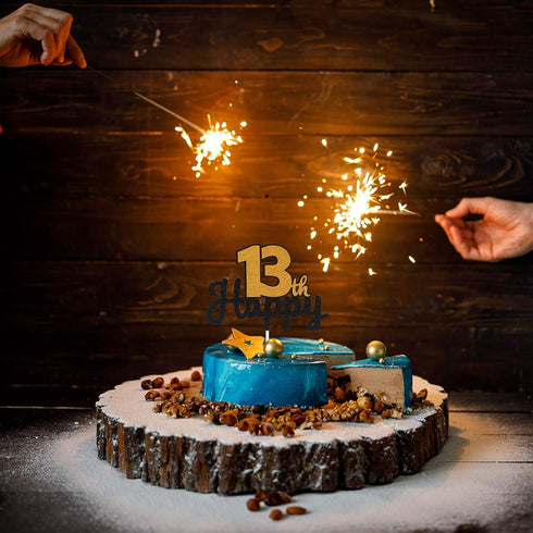 Happy 13th Birthday Black & Gold Glitter Cake Topper | Kids Boys or Girls 13 Birthday Thirteen Years Old Party Decorations....