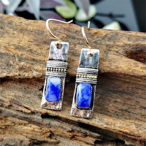 Unique Handmade Bohemian Enamel Vintage Matt Silver Bar Dangle Earrings Chic Round Blue Gemstone Geometric Square Drop Earrings for Women Statemen...
