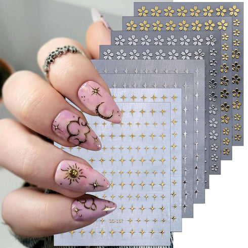 8 Sheets Metallic Flower Leaf Nail Art Stickers Five Petal Flower Star Nail Decals 3D Self Adhesive Gold Silver Petal Star Nail Designs Floral Nai...