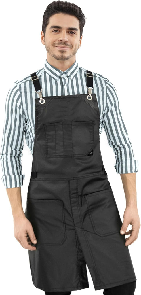 Under NY Sky Cross-Back Black Apron – Chrome Hardware, Coated Twill, Leather Reinforcement, Split-Leg – Adjustable for Men, Women, Pro Barber, Tat...