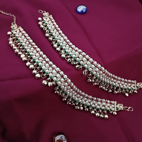 Efulgenz Indian Silver Anklets Bollywood Crystal Faux Kundan Pearl Ghungroo Anklets Wedding Bridal Anklet Pair Payal Bracelet Jewelry Indian Jewel...