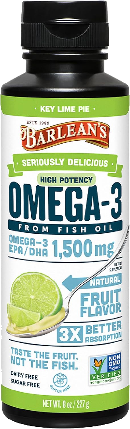 Barlean's Key Lime Pie High Potency Omega 3 Fish Oil Liquid Supplement, 1500mg of EPA& DHA Fatty Acid, Smoothie Flavored & Burpless for Brain, Joi...
