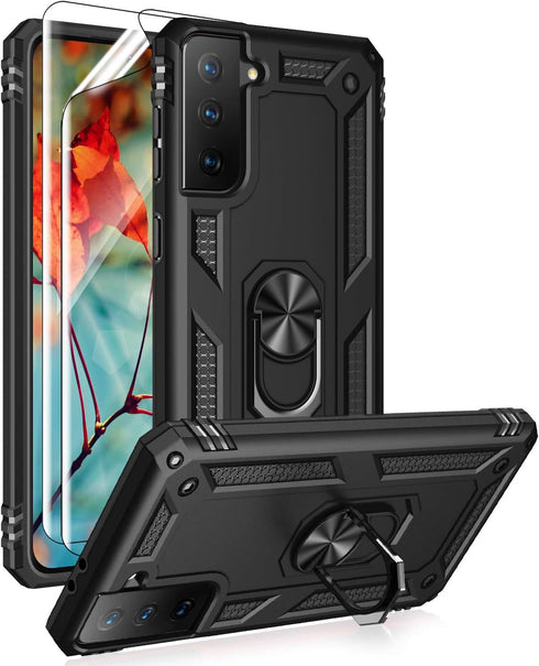 for Samsung Galaxy S21 Plus 5G Case with HD Screen Protectors, Androgate Military-Grade Metal Ring Holder Kickstand 15ft Drop Tested Shockproof Co...