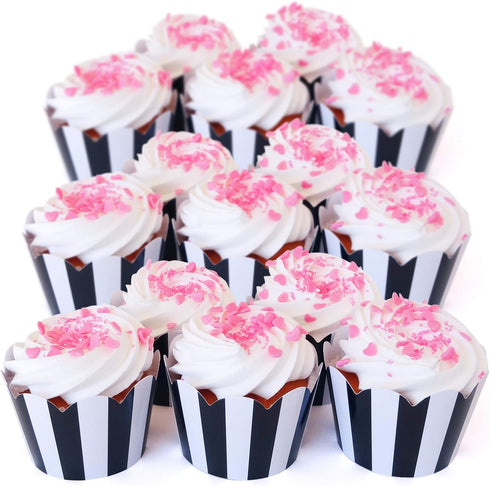 Black and White Striped Cupcake Wrappers, 50 Count - Reversible White Design, Scalloped Black and White Cupcake Wrappers for Parties and Events...
