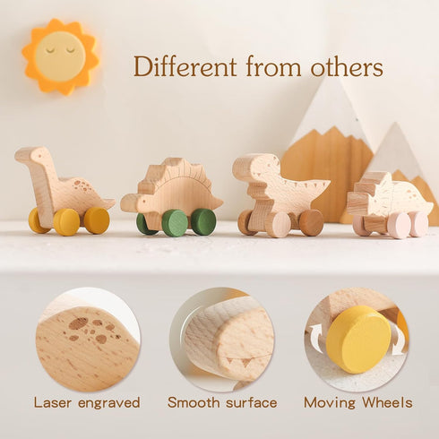 Wooden Dinosaur Cars Montessori Toys for Babies Baby Push Car Toys Wooden Toy Vehicles Development and Infant Grasping Montessori Toys(3PCS)...