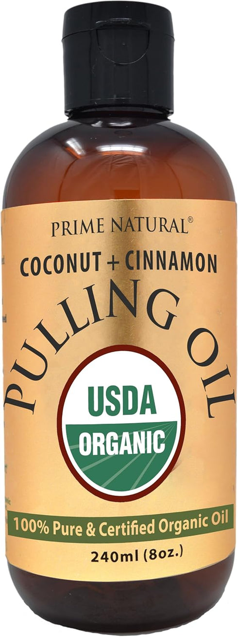 Oil Pulling with Organic Coconut & Organic Cinnamon Bark Oil 8oz - Natural Oral Care & Teeth Whitening - Alcohol Free Mouthwash Freshens Breath, H...