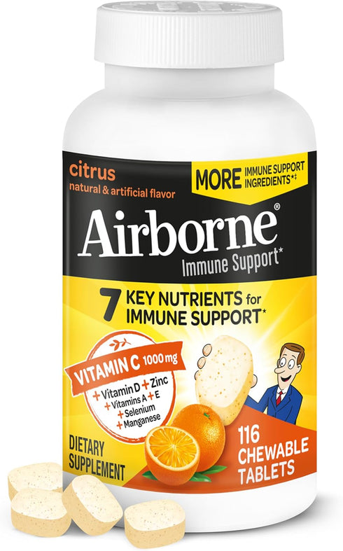 Airborne Vitamin C 1000mg (per Serving) - Citrus Chewable Tablets (116 Count in a Bottle), Gluten-Free Immune Support Supplement, with Vitamins A ...