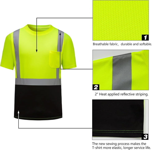 High Visibility Shirts Quick Dry Safety T Shirts with Reflective Strips and Pocket Short Sleeve Mesh Hi Vis Construction Work Class 2 Shirt for Me...