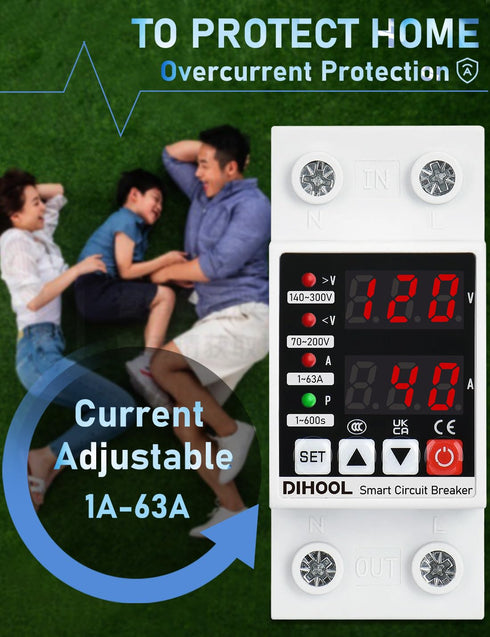 DIHOOL Smart Circuit Breaker with Adjustable Current, 110V 240V Voltage Protector high or low voltage cutoff protection device...