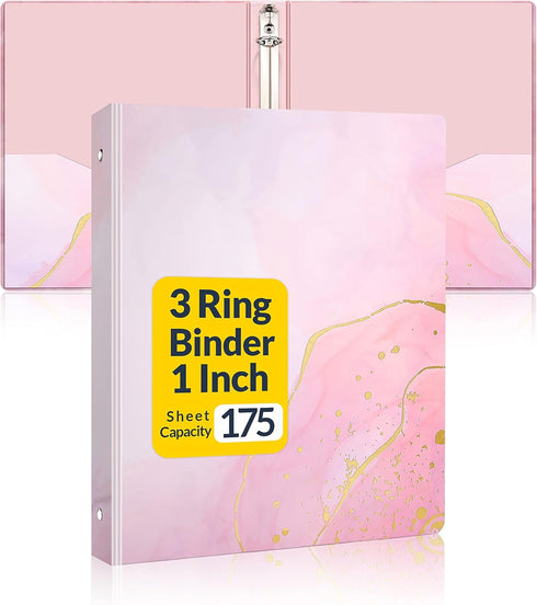 3 Ring Binder 1 Inch, SUNEE Cute Binder with 2 Pockets, Decorative Pink Marble Three Ring Binder Heavy Duty (Fit 8.5x11 Inches) for School Supplie...