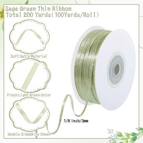 200 Yards 1/8 Inch Sage Green Ribbon, Thin Light Green Ribbon Double Faced Satin Ribbon for Gift Wrapping Bouquet Crafts Wedding Party Home Decora...