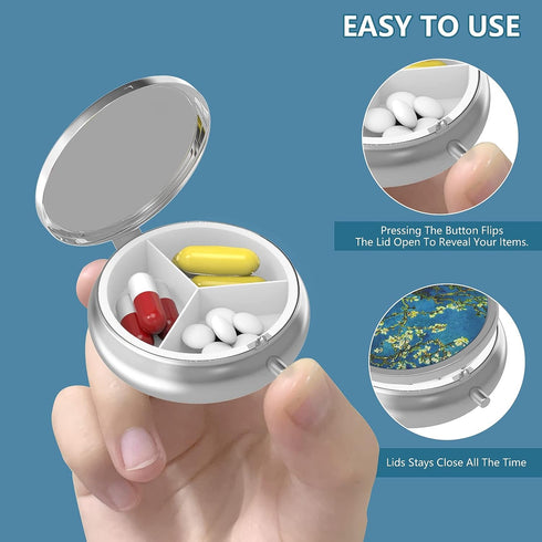 Pill Box 3 Compartment Medicine Pill Case,Portable Pill Box for Pocket or Purse Pill Box Decorative Metal Medicine Vitamin Organizer Unique Gift(M...