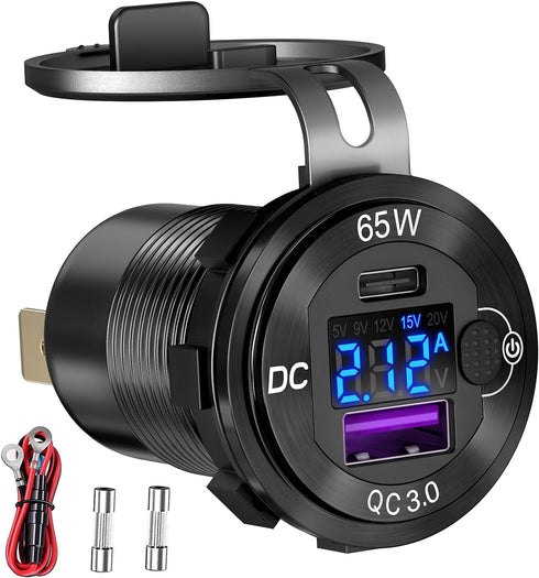 83W 12 Volt USB Outlet Built-in Boost USB C Laptop Car Charger: Ouffun 65W PD3.0 and 18W QC3.0 Car USB Port Aluminum Socket with Button Switch Sma...