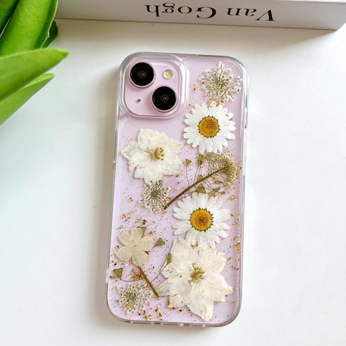 for iPhone 13 / iPhone 14/ iPhone 15 Clear Case with Pressed Real Flowers Design,Glitter Cute White Floral Pattern Soft TPU Protective Women Girl'...