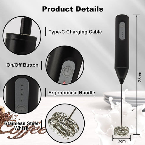 Rechargeable Milk Frother Handheld, Electric Drink Mixer with USB-C and Stainless Steel Whisk, Foam Maker for Lattes, Matcha, Cappuccino, Frappes,...