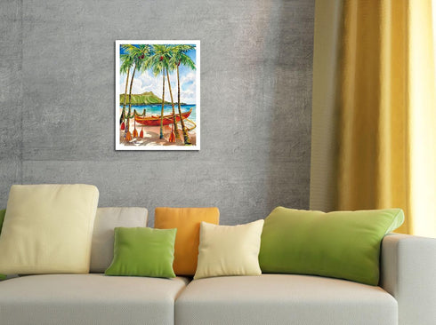 A Peaceful Voyage - Hawaiian Canoe (Wa‘a) - Diamond Head Crater - From an Original Watercolor Painting by Peggy Chun - Master Art Print (Unframed)...