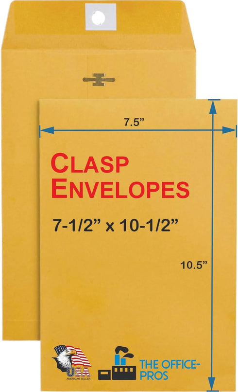 Clasp Envelopes, 7.5" x 10.5" Envelopes, Gummed Flap With Metal Clasp Closure, Perfect For Office, Home And School Use, 28Lb Brown Craft Envelopes...